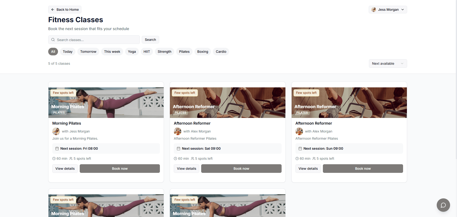 Voralink member class browser showing Pilates sessions, available spaces and booking buttons
